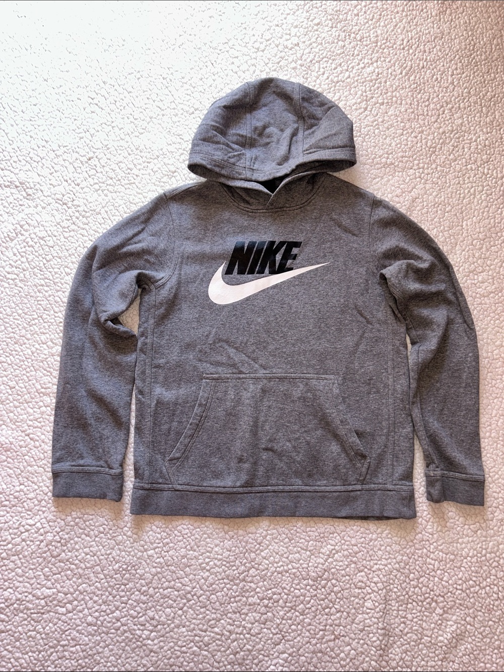 Nike Gray Pullover Hoodie with White Swoosh and Black NIKE Text